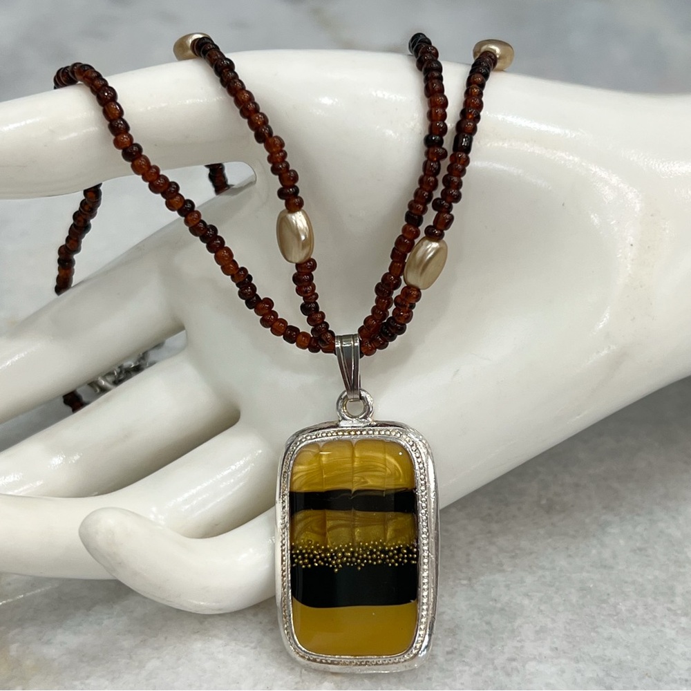 Kenneth Cole Amber & Brown Glass Silver Double Strand Brown Bead Necklace - Picture 4 of 10